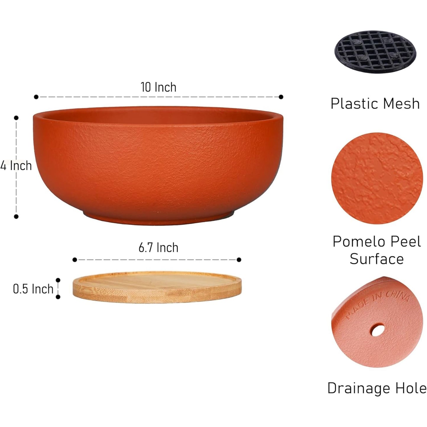 8/10" Large Terracotta Bonsai Planter with Bamboo Drainage Tray – Natural Clay, High-Temp Fired for Succulents, Cacti & Indoor/Outdoor Use