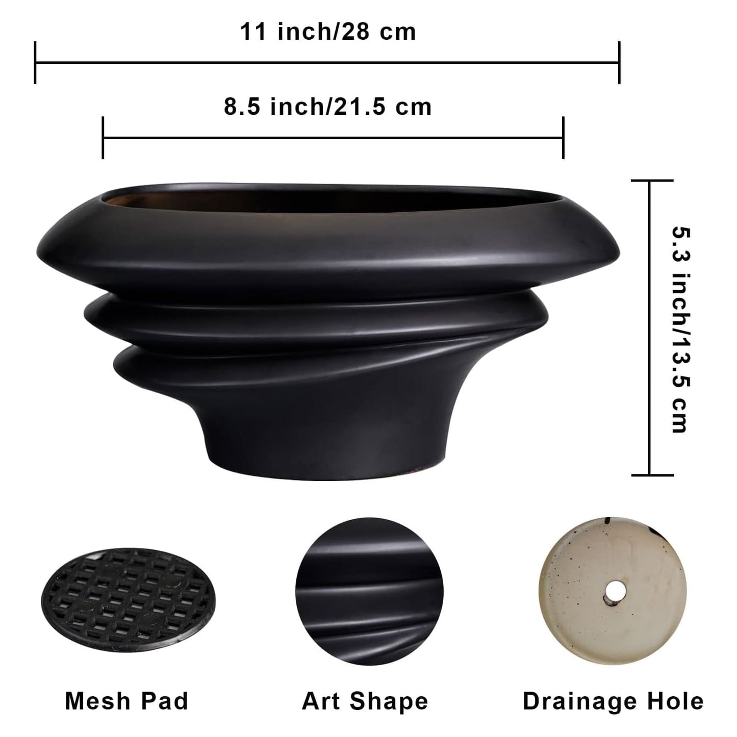 Bonsai Pot 8/12 Inch - Ceramic Succulent Planter with Drainage Hole Large Plant Pot for Indoor Plants Outdoor Modern Home Decor Black