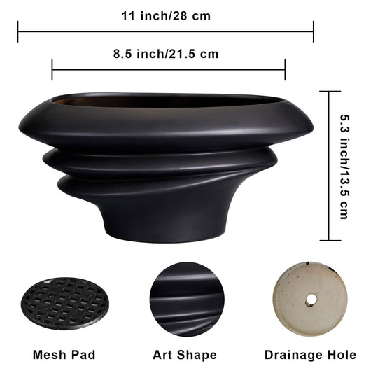 Bonsai Pot 8/12 Inch - Ceramic Succulent Planter with Drainage Hole Large Plant Pot for Indoor Plants Outdoor Modern Home Decor Black