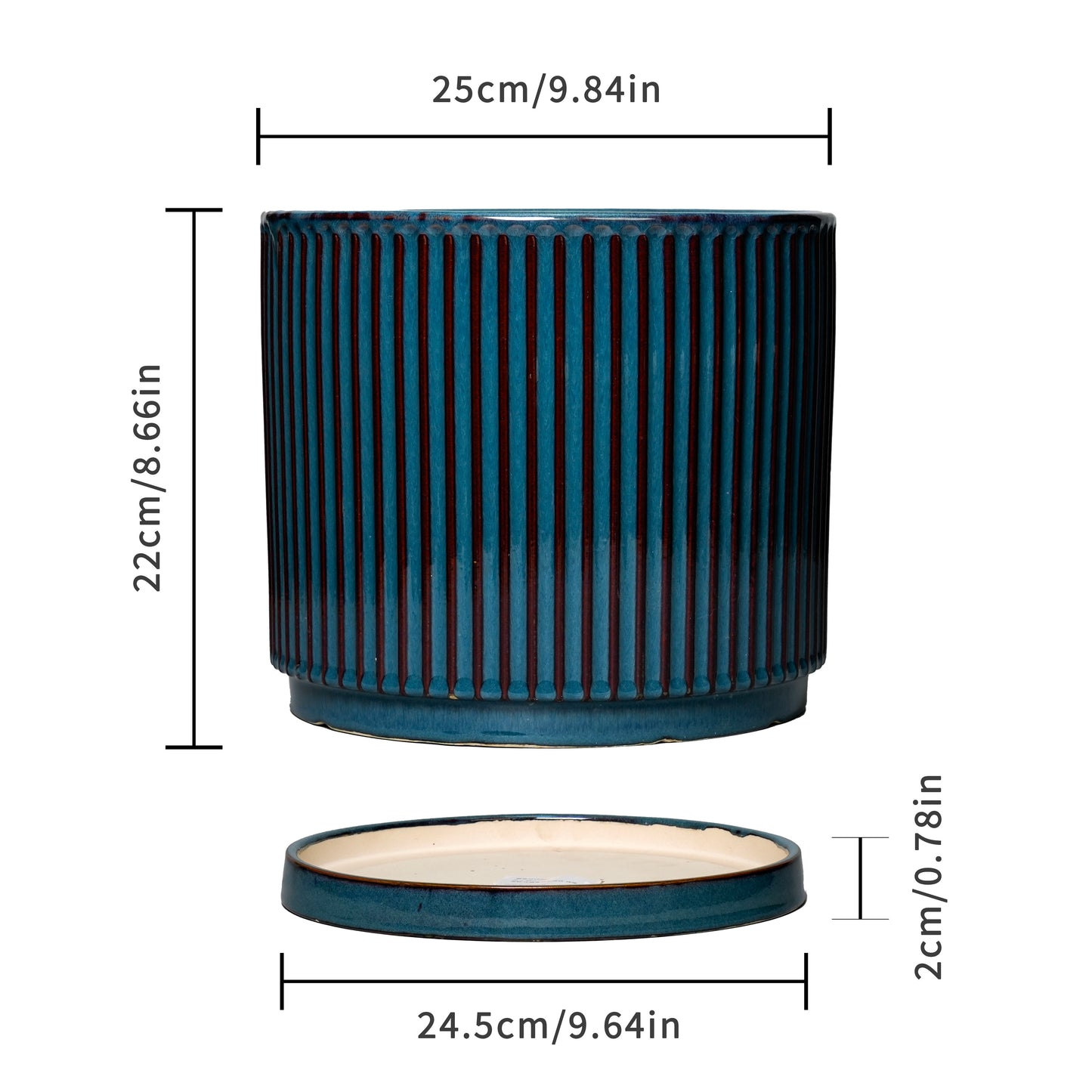Stillaflora 4/6/8/10 Inch Blue Fluted Vertical Striped Ceramic Plant Pots Sets with Drainage, Indoor/Outdoor Modern Cylinder Flower Pots for Monstera & Large Plants