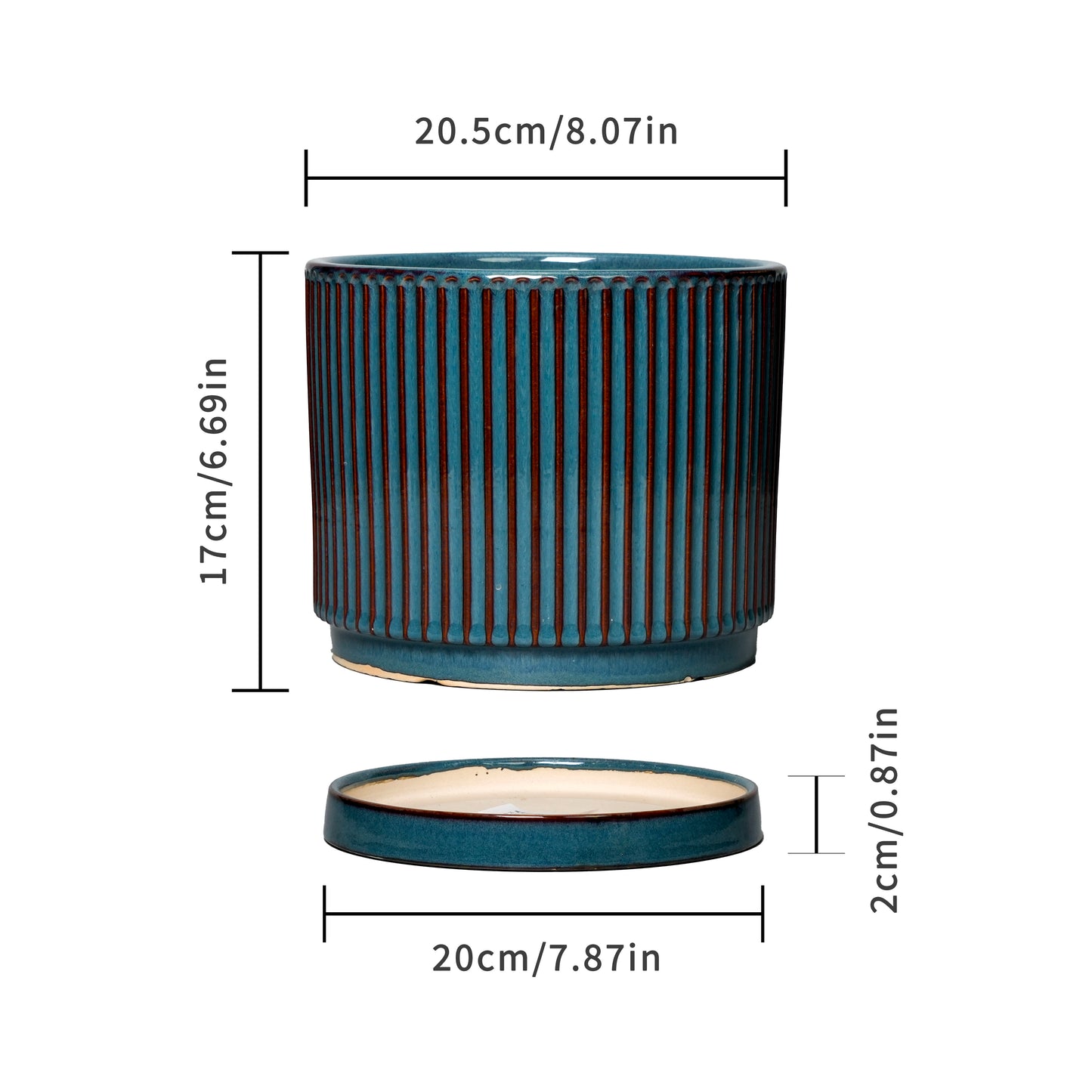 Stillaflora 4/6/8/10 Inch Blue Fluted Vertical Striped Ceramic Plant Pots Sets with Drainage, Indoor/Outdoor Modern Cylinder Flower Pots for Monstera & Large Plants