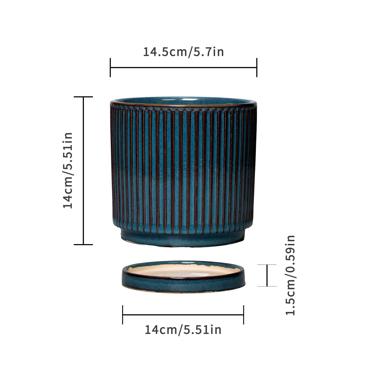 Stillaflora 4/6/8/10 Inch Blue Fluted Vertical Striped Ceramic Plant Pots Sets with Drainage, Indoor/Outdoor Modern Cylinder Flower Pots for Monstera & Large Plants