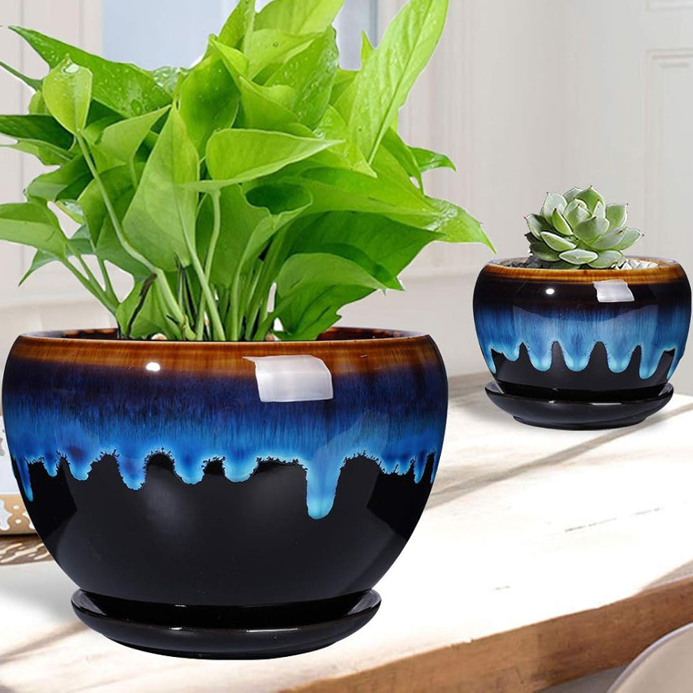 Ceramic Planters - Pots for Indoor Plants, Set of 3, 6+5+4 Inch Black Plant Pot with Drainage Hole and Saucer Garden Succulent Pots Glaze Modern Flower Pot Blue