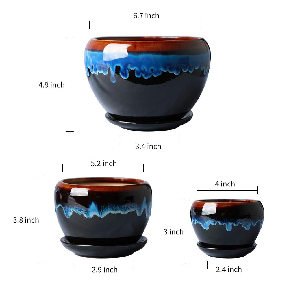Ceramic Planters - Pots for Indoor Plants, Set of 3, 6+5+4 Inch Black Plant Pot with Drainage Hole and Saucer Garden Succulent Pots Glaze Modern Flower Pot Blue