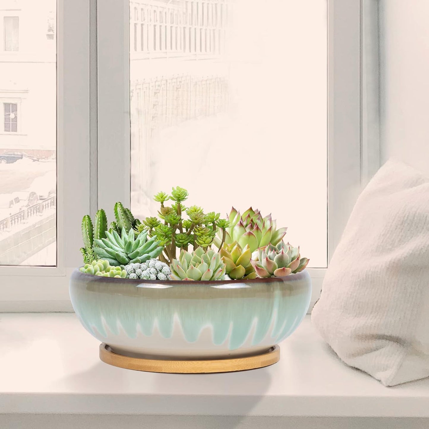 8" Drip Glazed Ceramic Succulent Planter with Bamboo Tray – Vintage Rustic Bonsai Pot for Indoor Plants