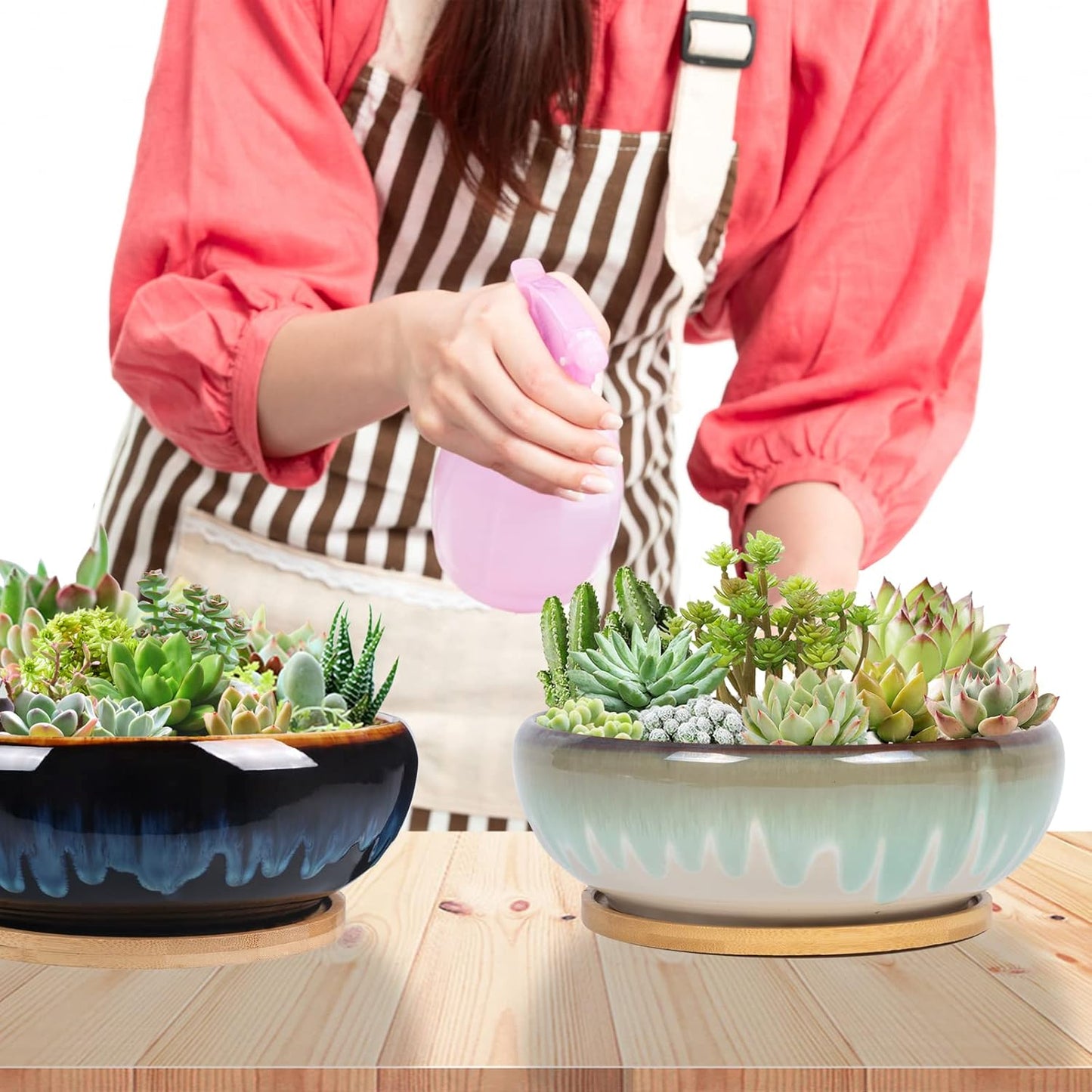 8" Drip Glazed Ceramic Succulent Planter with Bamboo Tray – Vintage Rustic Bonsai Pot for Indoor Plants