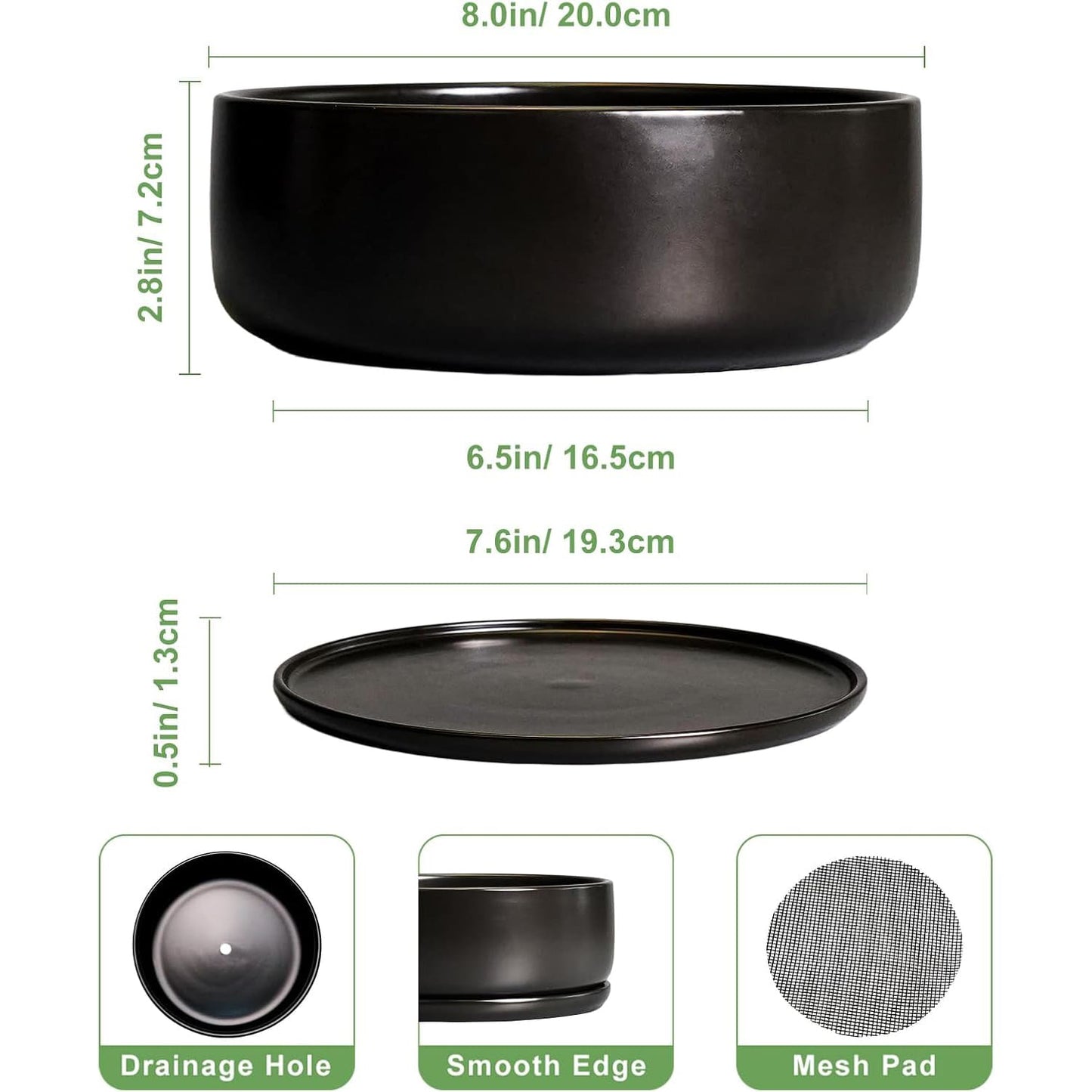 Bonsai Pots - 8 Inch Ceramic Matte Black Plant Pots for Succulents, Round Indoor Planter with Drainage Hole and Saucer, Shallow Modern Planter Bowl, Room Decor