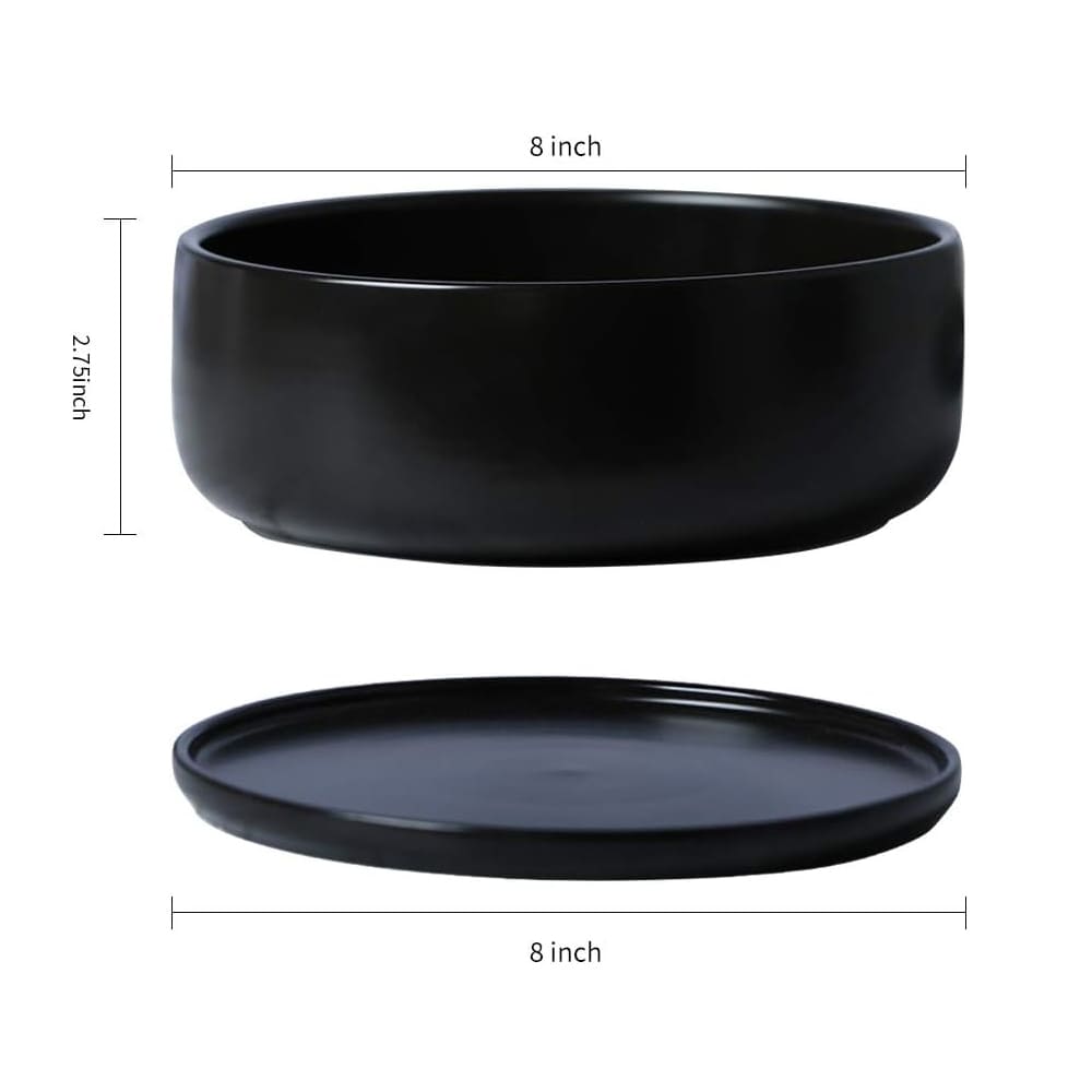 Bonsai Pots - 8 Inch Ceramic Matte Black Plant Pots for Succulents, Round Indoor Planter with Drainage Hole and Saucer, Shallow Modern Planter Bowl, Room Decor