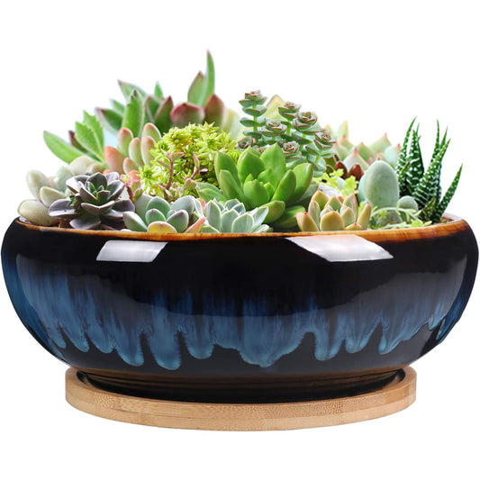 8" Drip Glazed Ceramic Succulent Planter with Bamboo Tray – Vintage Rustic Bonsai Pot for Indoor Plants