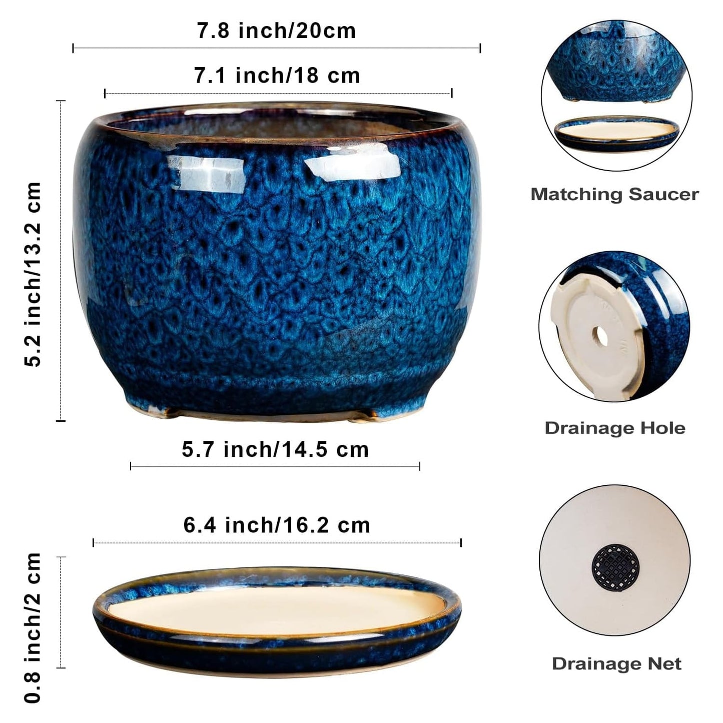 Ceramic Planter 6/7.8/10 Inch - Pot for Indoor Outdoor Plants Round Ceramic Plant Pot with Drainage Hole and Saucer Modern Flower Pot Glazed Blue