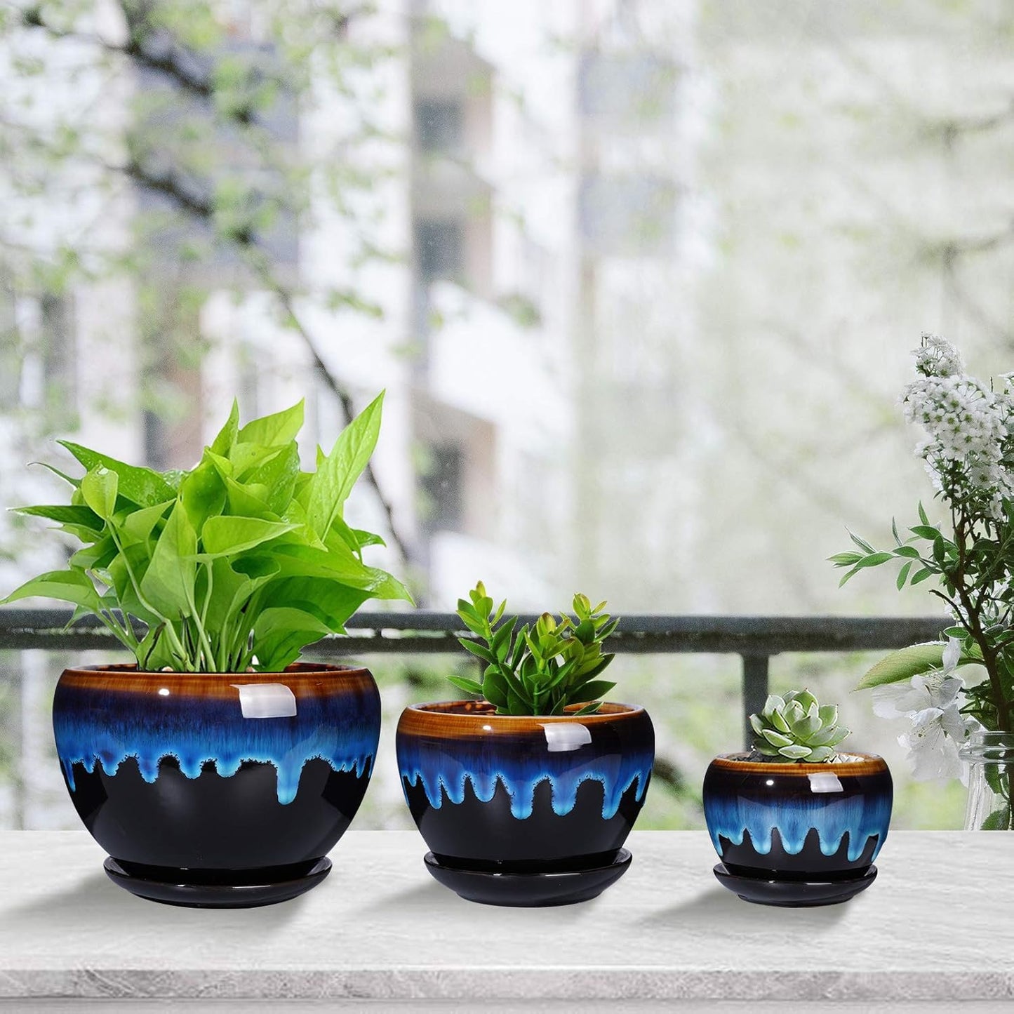 Ceramic Planters - Pots for Indoor Plants, Set of 3, 6+5+4 Inch Black Plant Pot with Drainage Hole and Saucer Garden Succulent Pots Glaze Modern Flower Pot Blue