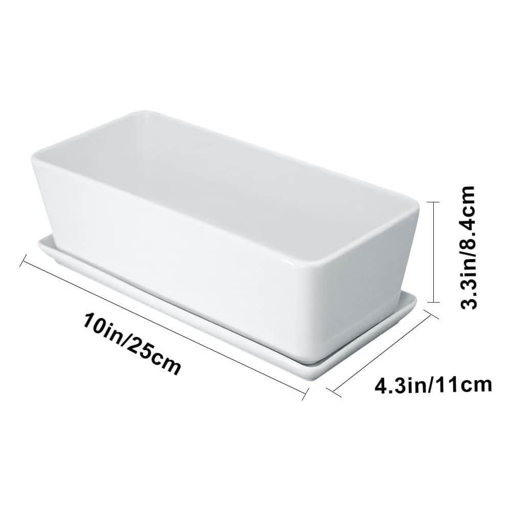 10  inch Ceramic Rectangular Succulent Planter  Elegant White Window Box Flower Pot with Saucer for Indoor Plants