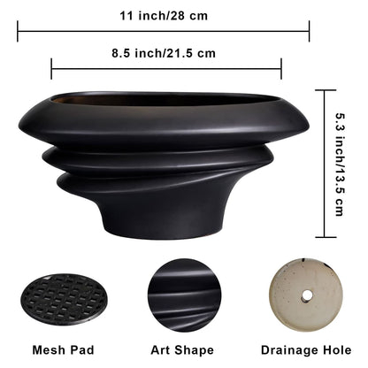 Bonsai Pot 8/12 Inch - Ceramic Succulent Planter with Drainage Hole Large Plant Pot for Indoor Plants Outdoor Modern Home Decor Black