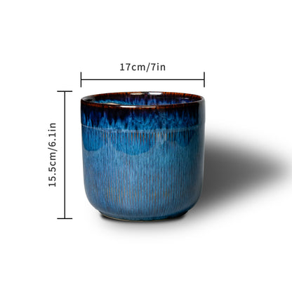NINETYPOT 7 Inch Blue Ceramic Planter - Gradient Glaze Linear Texture, Indoor Outdoor Cylindrical Flower Pot for Orchid Bonsai Succulents
