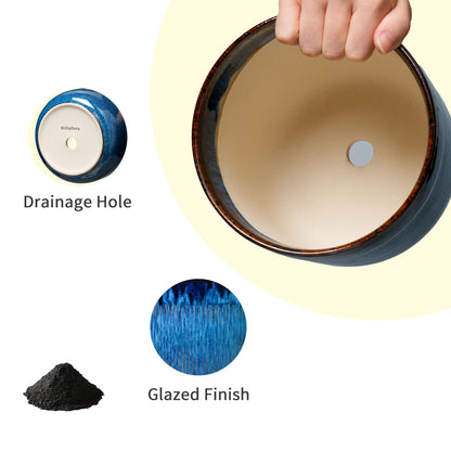 NINETYPOT 7 Inch Blue Ceramic Planter - Gradient Glaze Linear Texture, Indoor Outdoor Cylindrical Flower Pot for Orchid Bonsai Succulents