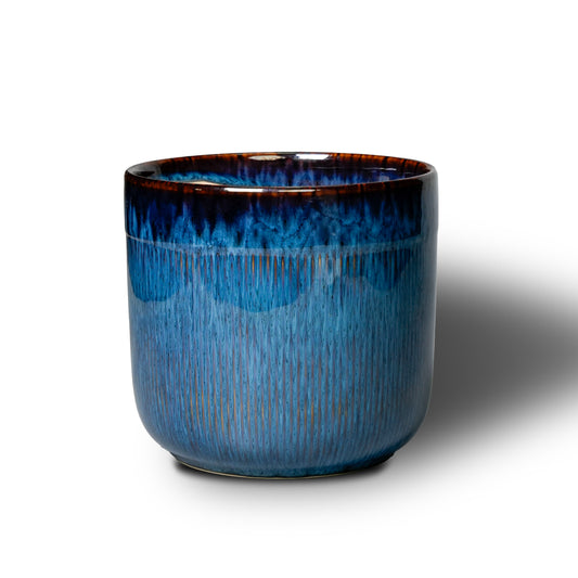 Stillaflora 7 Inch Blue Ceramic Planter with Gradient Glaze & Linear Textured Finish -  Cylindrical Flower Pot for Indoor & Outdoor Use, Ideal for Orchid, Bonsai, Succulents & More, Decorative Plant Pot