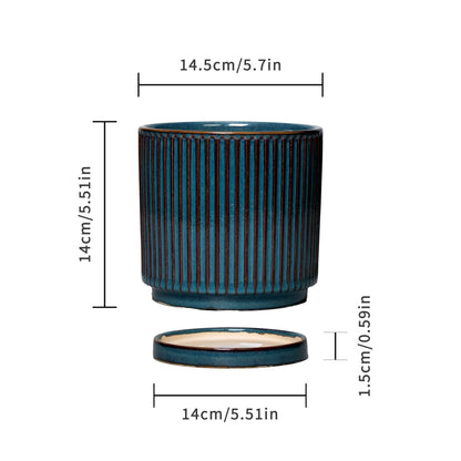Stillaflora 4/6/8/10 Inch Blue Fluted Vertical Striped Ceramic Plant Pots Sets with Drainage, Indoor/Outdoor Modern Cylinder Flower Pots for Monstera & Large Plants