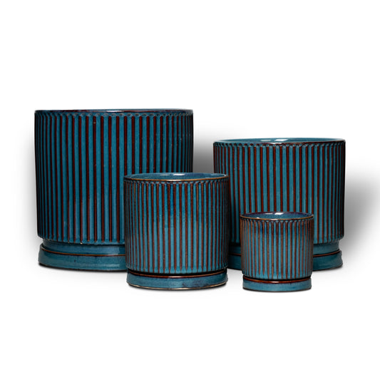 Stillaflora 4/6/8/10 Inch Blue Fluted Vertical Striped Ceramic Plant Pots Sets with Drainage, Indoor/Outdoor Modern Cylinder Flower Pots for Monstera & Large Plants