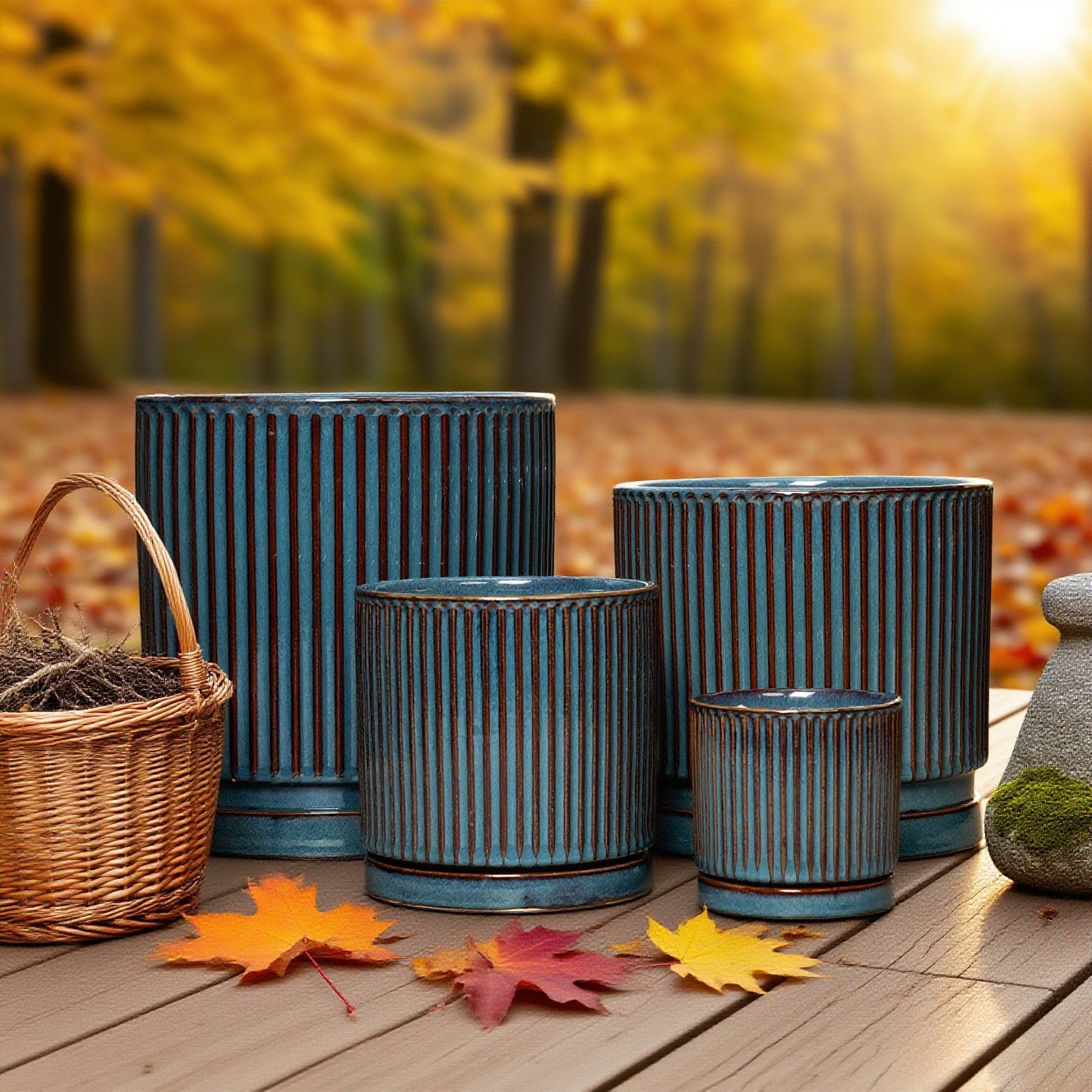 Stillaflora 4/6/8/10 Inch Blue Fluted Vertical Striped Ceramic Plant Pots Sets with Drainage, Indoor/Outdoor Modern Cylinder Flower Pots for Monstera & Large Plants