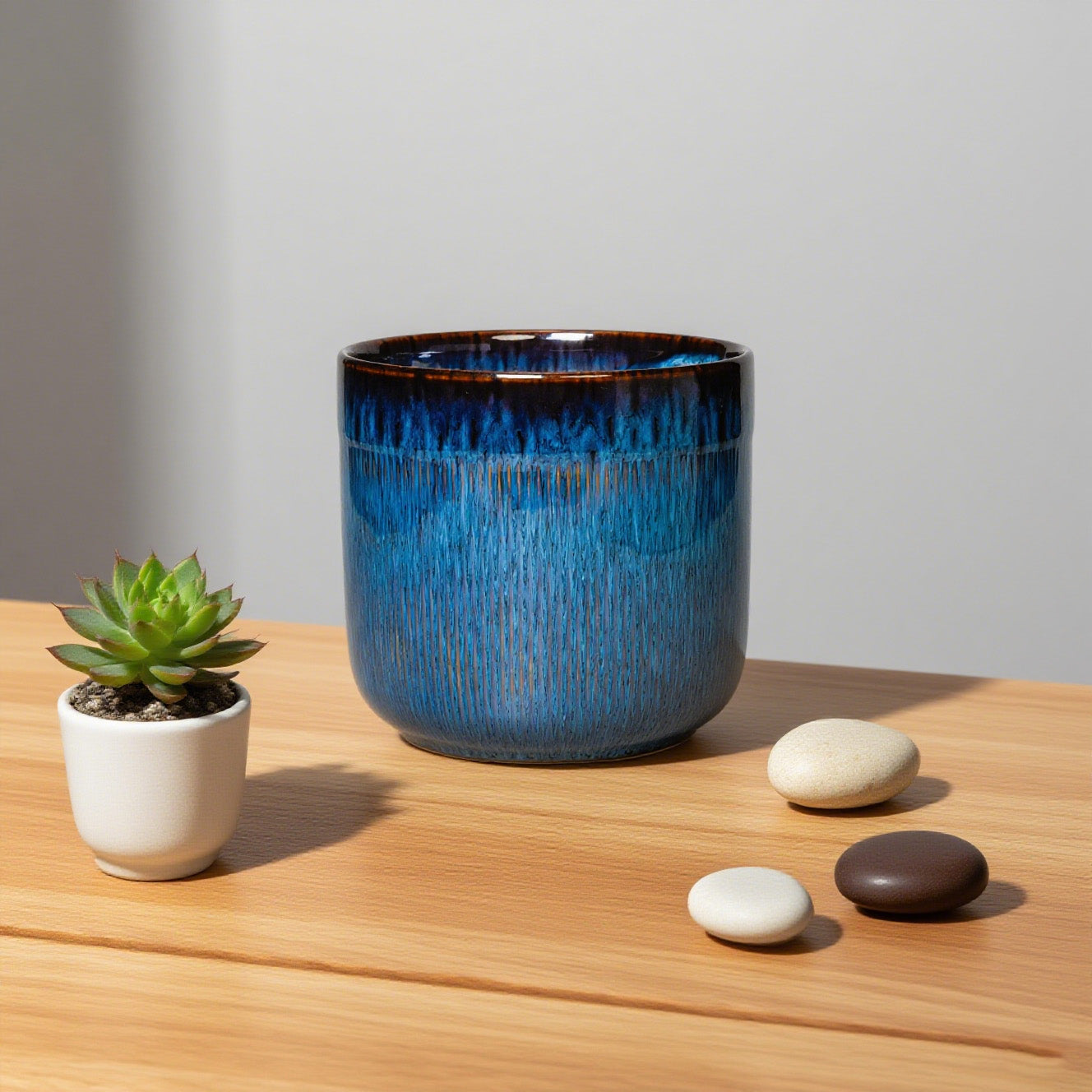 Stillaflora 7 Inch Blue Ceramic Planter with Gradient Glaze & Linear Textured Finish -  Cylindrical Flower Pot for Indoor & Outdoor Use, Ideal for Orchid, Bonsai, Succulents & More, Decorative Plant Pot
