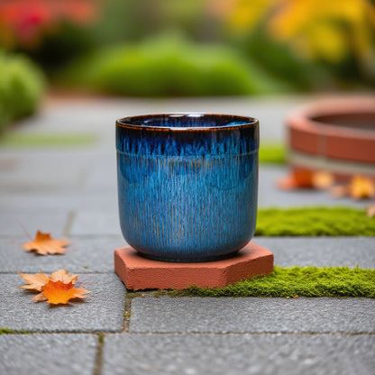 Stillaflora 7 Inch Blue Ceramic Planter with Gradient Glaze & Linear Textured Finish -  Cylindrical Flower Pot for Indoor & Outdoor Use, Ideal for Orchid, Bonsai, Succulents & More, Decorative Plant Pot