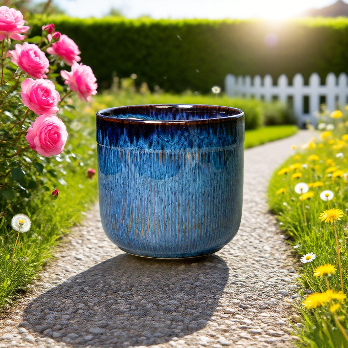 Stillaflora 7 Inch Blue Ceramic Planter with Gradient Glaze & Linear Textured Finish -  Cylindrical Flower Pot for Indoor & Outdoor Use, Ideal for Orchid, Bonsai, Succulents & More, Decorative Plant Pot