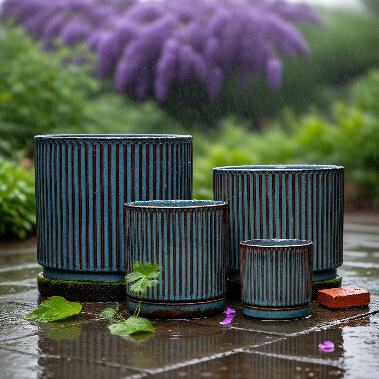 Stillaflora 4/6/8/10 Inch Blue Fluted Vertical Striped Ceramic Plant Pots Sets with Drainage, Indoor/Outdoor Modern Cylinder Flower Pots for Monstera & Large Plants