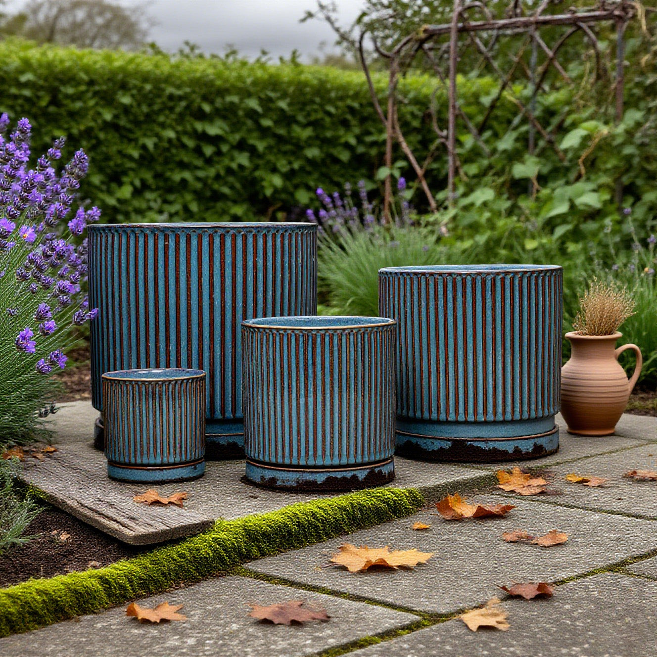 Stillaflora 4/6/8/10 Inch Blue Fluted Vertical Striped Ceramic Plant Pots Sets with Drainage, Indoor/Outdoor Modern Cylinder Flower Pots for Monstera & Large Plants