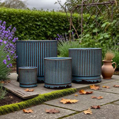 Stillaflora 4/6/8/10 Inch Blue Fluted Vertical Striped Ceramic Plant Pots Sets with Drainage, Indoor/Outdoor Modern Cylinder Flower Pots for Monstera & Large Plants