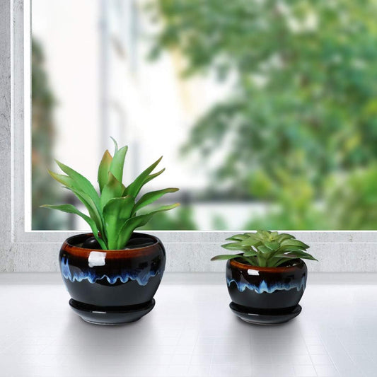 Ceramic Planters - Pots for Indoor Plants, Set of 3, 6+5+4 Inch Black Plant Pot with Drainage Hole and Saucer Garden Succulent Pots Glaze Modern Flower Pot Blue
