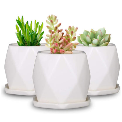 4 inch Ceramic Geometric Succulent Planter Pots with Removable Saucer,Indoor Plant Pots Set of 3