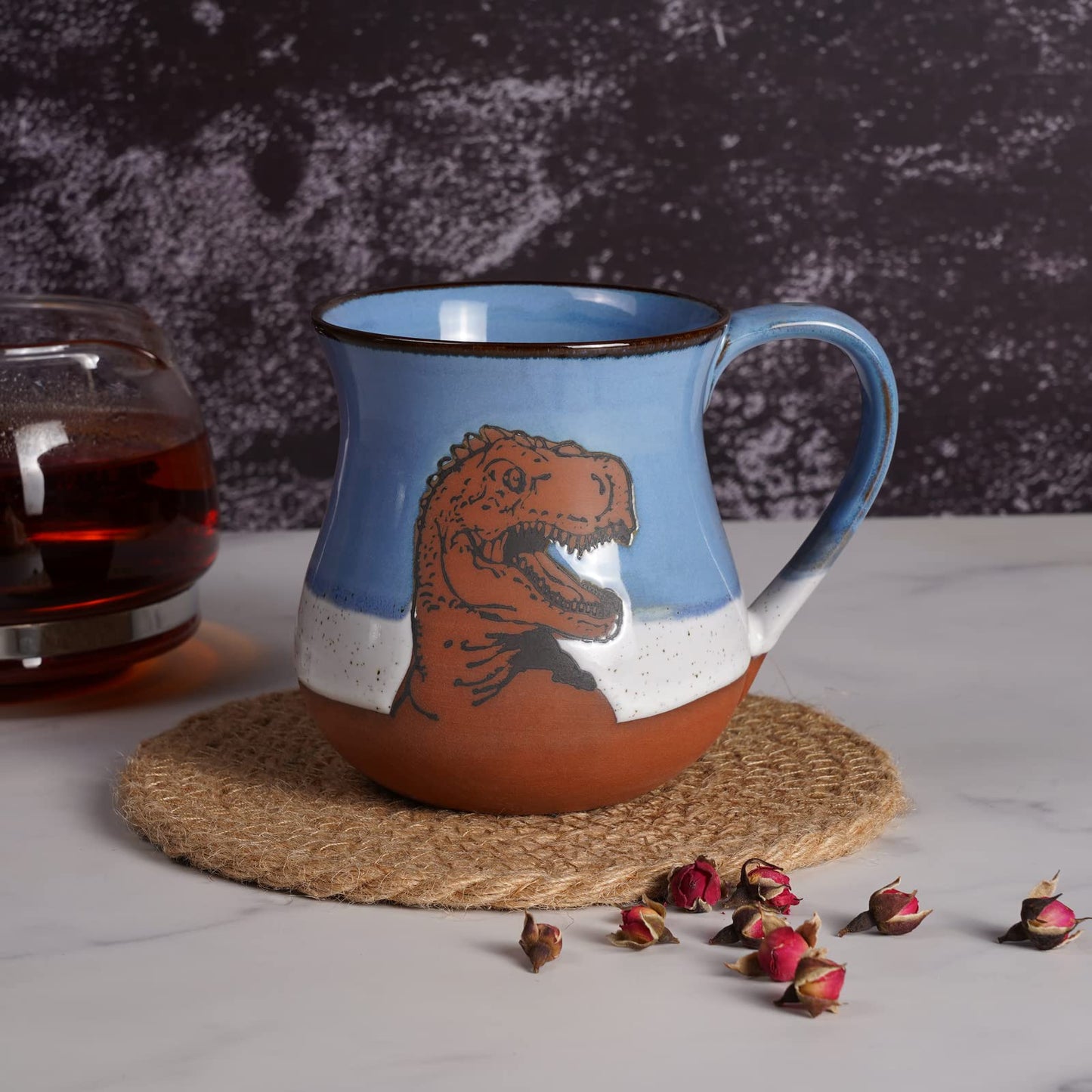 ROOT24STUDIO Ceramic Dinosaur Mug 16 oz Novelty Coffee Mug for Men and Women Holiday Housewarming Chirstmas Birthday Dinosaur Gifts for Women Men Handmade Stoneware Tea Milk Morning Coffee Cup Blue