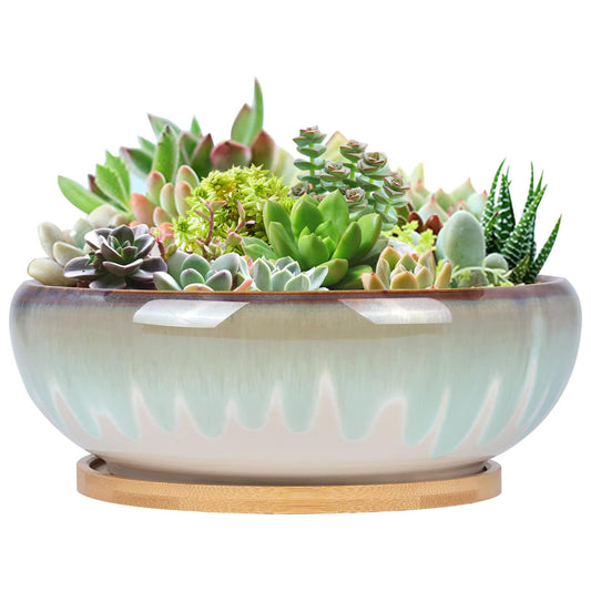 8" Drip Glazed Ceramic Succulent Planter with Bamboo Tray – Vintage Rustic Bonsai Pot for Indoor Plants