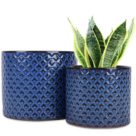 Ceramic Pots for Plants - 6.6+5.3 Inch Ceramic Planters Set of 2, Round Planters with Drainage Holes, Boho Flower Pots for Indoor Outdoor, Home Room Decor, Gifts for Plant Lovers, Blue