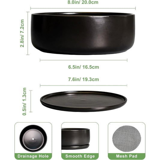Bonsai Pots - 8 Inch Ceramic Matte Black Plant Pots for Succulents, Round Indoor Planter with Drainage Hole and Saucer, Shallow Modern Planter Bowl, Room Decor