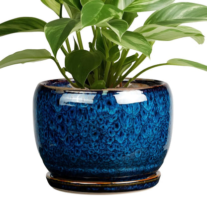 glazed plant pot saucers Modern Round Glazed Blue Ceramic pottery with Drainage Hole and Saucer – Ancooly Shop