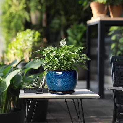 extra large indoor plant pots with saucers Modern Round Glazed Blue Ceramic pottery with Drainage Hole and Saucer – Ancooly Shop