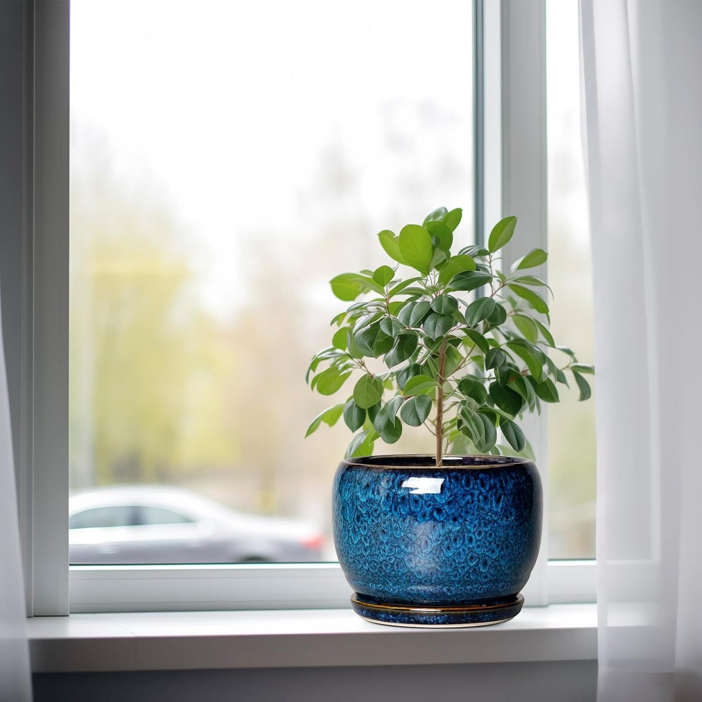 Ceramic Planter 6/7.8/10 Inch - Pot for Indoor Outdoor Plants Round Ceramic Plant Pot with Drainage Hole and Saucer Modern Flower Pot Glazed Blue