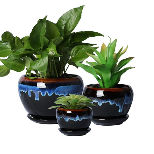 Ceramic Planters - Pots for Indoor Plants, Set of 3, 6+5+4 Inch Black Plant Pot with Drainage Hole and Saucer Garden Succulent Pots Glaze Modern Flower Pot Blue